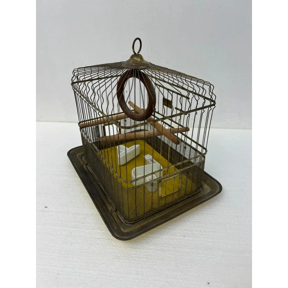 Hendryx Antique Brass Bird Cage Vintage Wire Pet w Porcelain Feeders Perch Gold